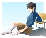  1girl absurdres arendelle black_hair blue_background blue_shirt blush border breasts brown_eyes brown_shorts chair chinese_commentary collared_shirt commentary_request eyelashes feet full_body gradient_background hair_ornament hand_on_own_foot highres iwato_suzume long_hair long_sleeves looking_at_viewer medium_breasts no_shoes on_ground open_mouth ponytail shadow shirt shorts single_sidelock sitting socks soles solo suzume_no_tojimari white_border white_socks x_hair_ornament 