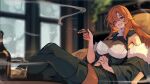  1girl alcohol black_thighhighs blurry blurry_background bottle breasts burn_scar chaise_longue cigar commission crossed_legs cup drinking_glass extra_arms fur_trim grin holding holding_cigar lansane large_breasts long_hair looking_at_viewer one_eye_closed orange_eyes orange_hair original own_hands_clasped own_hands_together quadriri_(lansane) reclining scar scar_on_face sharp_teeth shot_glass skeb_commission sleeveless smile smoking solo teeth thighhighs whiskey window 