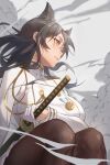  1girl animal_ears atago_(azur_lane) azur_lane baizhi black_hair breasts brown_pantyhose extra_ears from_side gloves half_gloves highres holding holding_sword holding_weapon huge_breasts jacket long_hair long_sleeves medal military_uniform miniskirt mole mole_under_eye pantyhose parted_lips pleated_skirt sheath skirt solo sword uniform unsheathing weapon white_gloves white_jacket white_skirt yellow_eyes 
