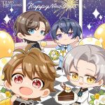 +_+ 4boys :d alcohol artem_wing_(tears_of_themis) balloon black_jacket black_shirt blue_eyes blue_jacket blue_pants bow bowtie brown_eyes brown_hair cake cake_slice camera chibi closed_mouth copyright_name couch cup drinking_glass english_commentary english_text fireworks flower food formal gift glasses grey_hair happy_new_year highres holding holding_camera holding_cup holding_plate jacket long_sleeves looking_at_viewer luke_pearce_(tears_of_themis) male_focus marius_von_hagen_(tears_of_themis) mole mole_under_eye multiple_boys night night_sky official_art pants plate purple_eyes purple_hair semi-rimless_eyewear shirt short_hair sitting sky smile tears_of_themis tile_floor tiles vyn_richter_(tears_of_themis) white_bow white_bowtie white_flower white_jacket white_shirt wine wine_glass yellow_eyes yellow_flower 