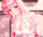  1girl absurdres armpits ass bent_over breasts covered_nipples dragon_girl dragon_horns hanging_breasts highres horns huge_breasts ilulu_(maidragon) karenn kobayashi-san_chi_no_maidragon long_hair looking_at_viewer oppai_loli pink_hair red_eyes shortstack slit_pupils smile solo yellow_horns 