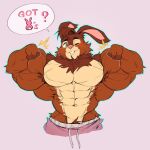 abs anthro barazoku bottomwear brown_body brown_fur brown_hair brown_pubes buckteeth cape_escape clothing crimsonrabbit dialogue flexing flexing_bicep flexing_biceps flexing_both_biceps flexing_muscles fur gnollplaying_games goose_(cape_escape) green_eyes hair hi_res lagomorph leporid looking_at_viewer male mammal muscular muscular_male one_eye_closed overly_muscular pants pecs pink_background pink_bottomwear pink_clothing pink_inner_ear pink_nose pink_pants pubes pubes_exposed rabbit simple_background solo speech_bubble talking_to_viewer tan_body tan_fur teeth thick_pubes wink winking_at_viewer