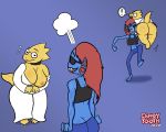  ! 5:4 alphys anthro areola barefoot big_breasts big_butt blue_body blue_scales blush bottomwear breasts buckteeth butt butt_grab candy_tooth(artist) carrying clothed clothing coat duo eye_patch eyewear female female/female fin fish freckles glasses grin hair hand_on_butt head_fin hi_res lab_coat looking_at_another looking_at_partner marine midriff navel nipples non-mammal_breasts one_breast_out open_mouth open_smile pants partially_clothed pigeon_toed presenting presenting_breasts red_hair reptile scales scalie sharp_teeth smile speech_bubble surprise teeth thick_tail thick_thighs topwear undertale undyne video_games wavy_mouth wide_hips yellow_body yellow_scales 