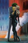  1boy 1girl absurdres artist_name ass blonde_hair catsuit couple cowboy_bebop curly_hair flower green_hair hetero highres julia_(cowboy_bebop) kiss lucyguusi rose spike_spiegel 