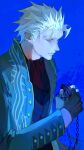  1boy bishounen blue_coat blue_eyes coat devil_may_cry_(series) devil_may_cry_3 fingerless_gloves gloves highres holding jewelry male_focus necklace solo vergil_(devil_may_cry) white_hair 