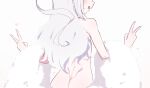  1girl ass back blue_archive blush donutman heart long_hair mutsuki_(blue_archive) mutsuki_(dress)_(blue_archive) nude open_mouth simple_background solo v white_background white_fur white_hair 