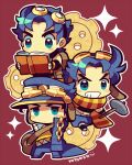 3boys backpack bag black_gloves blue_coat blue_eyes blue_headwear blue_pants blush_stickers book brown_bag chain chibi chibi_only coat full_body gears gloves goggles goggles_on_head grin hammer hat holding holding_book holding_hammer jitome jojo_no_kimyou_na_bouken jonathan_joestar joseph_joestar joseph_joestar_(young) kotorai kujo_jotaro male_focus multiple_boys no_nose outline pants red_background scarf signature smile sparkle star_(symbol) star_in_eye striped_clothes striped_scarf symbol_in_eye white_outline 