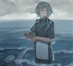  1boy apron arknights basket blue_hair blue_theme cloud cloudy_sky hands_up highres holding holding_basket japanese_clothes jellyfish looking_at_viewer male_focus mizuki_(arknights) muted_color ocean otoko_no_ko pink_eyes ribbon short_hair_with_long_locks sky smile solo wading waist_apron waves yomotobi 