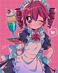  1990s_(style) 1girl ahoge apron artist_name back_bow black_dress blush bow bowtie cherry closed_mouth collared_dress dress drill_hair food frilled_apron frilled_sleeves frilled_wrist_cuffs frills fruit grid_background hair_between_eyes heart holding holding_plate ice_cream kasane_teto looking_at_viewer maid maid_headdress one_eye_closed outline pink_background plate puffy_short_sleeves puffy_sleeves red_bow red_bowtie red_eyes red_hair redrawn retro_artstyle short_hair short_sleeves smile solo spoken_heart sundae twin_drills utau white_apron white_bow white_headdress white_outline white_wrist_cuffs wrist_cuffs yuusuke-kun 