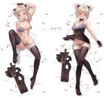  1girl azto_dio black_legwear bra breasts bullet bullpup dakimakura double_bun feet girls_frontline gloves gun highres looking_at_viewer nipples p90 p90_(girls_frontline) panties red_eyes short_hair silver_hair submachine_gun underwear weapon 