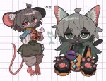  2girls animal_ears animal_hands buttons cat_ears cat_girl cheese collared_sweater diamond_button eating food frilled_sleeves frills full_body furrification furry furry_female green_eyes grey_hair highres komeiji_koishi long_sleeves looking_at_viewer mouse_ears mouse_girl mouse_tail multiple_girls nazrin red_eyes sound_effects sweater tail third_eye touhou upper_body whiskers white_background yellow_sweater zunusama 