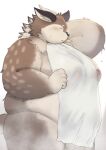 anthro antlers balls belly blush brown_body brown_fur deer flaccid fur genitals hi_res horn kazusa male mammal markings moobs nipples nude overweight penis solo spots spotted_body spotted_fur steam sv_grart tamacolle towel