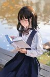  1girl blue_dress blurry blurry_background book bow bowtie brown_hair closed_eyes closed_mouth day dress glasses highres holding holding_book lake light_smile long_hair long_sleeves maenoo original outdoors reading shirt sitting solo white_shirt 