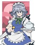  1girl apron back_bow blue_eyes blue_skirt blue_vest bow bowtie breasts closed_mouth collared_shirt cup frilled_apron frilled_skirt frills full_moon green_bow green_bowtie grey_hair haydensmub highres holding holding_knife holding_tray izayoi_sakuya knife maid maid_headdress medium_breasts moon puffy_short_sleeves puffy_sleeves scarlet_devil_mansion shirt short_sleeves skirt smile solo teacup teapot touhou tray v-shaped_eyebrows vest waist_bow white_apron white_bow white_shirt 
