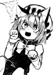  1girl :d animal_ears cat_ears chen commentary_request fangs ginger_ale_(syouga_6383) greyscale hair_between_eyes hat highres mob_cap monochrome paw_pose slit_pupils smile solo touhou v-shaped_eyebrows 