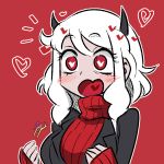  1girl black_skirt black_suit demon_girl hands_up heart heart-shaped_pupils helltaker horns jazzjack long_hair long_sleeves modeus_(helltaker) open_mouth red_eyes red_shirt ribbed_shirt shirt silver_hair skirt sleeves_past_wrists solo symbol-shaped_pupils turtleneck upper_body 