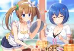  2girls amane_(senran_kagura) apron bent_over blue_eyes blue_hair bra_strap breasts brown_hair butter cafe cake cake_slice checkerboard_cookie chewing cleavage closed_eyes closed_mouth commission commissioner_upload cookie cup dango day denim denim_shorts eating food fork glass hair_ornament hairband hairpin heart highres holding holding_fork indoors kageira large_breasts light_blush medium_hair minori_(senran_kagura) multiple_girls multiple_hairpins pancake pancake_stack pink_trim ring_hair_ornament senran_kagura shirt short_hair shorts sitting skeb_commission smile spoken_heart standing strawberry_cake syrup tray twintails wagashi waitress white_apron white_hairband white_shirt yellow_shirt 