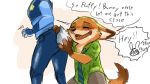  2016 anthro blush bottomwear brown_body brown_fur canid canine clothed clothing dialogue disney duo english_text eyes_closed fox fully_clothed fur grey_body grey_fur judy_hopps lagomorph leporid mammal necktie nick_wilde open_mouth open_smile pants police_uniform rabbit red_fox shirt simple_background smile speech_bubble tail_grab text thunpratan topwear uniform zootopia 