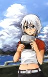  1girl another_code ashley_mizuki_robbins belt black_eyes cloud denim handheld_game_console jeans land-k looking_at_viewer navel nintendo_ds open_mouth pants short_hair short_sleeves solo white_hair 