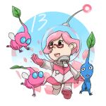  1girl black_eyes blue_eyes blue_pikmin blue_skin blue_sky brittany_(pikmin) buttons circle colored_skin commentary_request countdown eyelashes flying full_body glasses gloves helmet insect_wings leaf looking_at_another miniskirt naru_(wish_field) no_mouth open_mouth outstretched_arm petals pikmin_(creature) pikmin_(series) pikmin_3 pink_gloves pink_hair pink_light pink_skin pink_skirt pointy_nose radio_antenna red-framed_eyewear short_hair simple_background skirt sky smile solid_circle_eyes space_helmet spacesuit triangle_mouth triangular_eyewear whistle white_background winged_pikmin wings 
