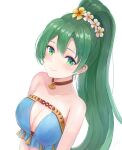  1girl bare_shoulders bikini blue_bikini blush breasts choker cleavage collarbone fire_emblem fire_emblem:_the_blazing_blade fire_emblem_heroes flower green_eyes green_hair hair_between_eyes hair_flower hair_ornament jewelry leonmandala long_hair looking_at_viewer lyn_(fire_emblem) lyn_(summer)_(fire_emblem) medium_breasts official_alternate_costume ponytail simple_background smile solo swimsuit upper_body white_background 