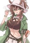  1girl :d animal_ears arknights black_shirt breasts brown_hair commentary_request crop_top earbuds earphones ears_through_headwear eighth_note green_eyes green_jacket hair_between_eyes hair_ornament hair_through_headwear highres holding holding_earphones jacket long_hair long_sleeves looking_at_viewer medium_breasts meteor_(arknights) meteor_(bard&#039;s_holiday)_(arknights) musical_note navel open_clothes open_jacket shino_duka shirt skirt smile solo spoken_musical_note star_(symbol) star_hair_ornament white_headwear white_skirt wide_sleeves 