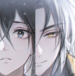  2boys black_hair blue_eyes blurry close-up closed_mouth crossed_bangs depth_of_field highres jinhongi korean_commentary long_hair looking_at_viewer multiple_boys parted_lips seol_young smile yellow_eyes young57440489 zaha 