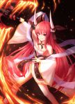 1girl absurdres axe bare_legs bare_shoulders battle_axe black_ribbon breasts cleavage date_a_live fire hair_between_eyes highres holding holding_axe horn horn_ribbon itsuka_kotori japanese_clothes kimono long_hair looking_at_viewer red_eyes red_hair ribbon ryon_y0421 small_breasts solo very_long_hair weapon wide_sleeves 