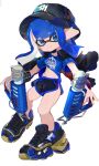  1girl absurdres artist_name black_footwear black_headwear black_jacket black_shorts blue_eyes blue_hair blue_shirt blue_trim bucket_hat clothes_lift dolphin_shorts dual_wielding full_body glooga_dualies_(splatoon) hat highres holding inkling inkling_girl inkling_player_character jacket jacket_on_shoulders long_hair midriff pointy_ears rukaill_k shirt shirt_lift shorts smile solo splatoon_(series) splatoon_3 tentacle_hair white_background 