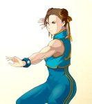  1girl bracelet breasts brown_eyes brown_hair chinese_clothes chun-li closed_mouth double_bun jewelry looking_at_viewer short_hair simple_background solo street_fighter street_fighter_zero_(series) takemaru08 unitard 