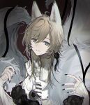  1boy animal_ears black_nails black_ribbon bridal_gauntlets brown_hair detached_sleeves earrings feather_boa fingernails fox_boy fox_ears fox_tail grey_eyes hair_between_eyes highres jewelry kanae_(nijisanji) kitsune kyuubi looking_at_viewer male_focus medium_hair mole mole_under_eye multiple_tails nail_polish nijisanji nokoru_sora official_alternate_costume parted_lips red_background ribbon sharp_fingernails shirt sleeveless sleeveless_shirt smile solo tail tassel tassel_earrings upper_body virtual_youtuber white_bridal_gauntlets white_shirt 