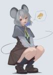  1girl absurdres animal_ears brown_footwear capelet cheese crystal dress food full_body grey_background grey_capelet grey_dress grey_hair grey_socks highres jewelry lenserd loafers mouse_ears mouse_tail nazrin necklace parted_lips red_eyes shoes simple_background socks solo speech_bubble squatting tail touhou 