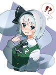 !? 1girl black_bow black_bowtie black_hairband blue_eyes bow bowtie collared_shirt d9ysbx288350 green_vest hairband konpaku_youmu konpaku_youmu_(ghost) light_blush looking_at_viewer open_mouth pointing pointing_at_self shirt short_hair sidelocks simple_background speech_bubble sweatdrop touhou two-tone_background vest white_hair white_shirt 