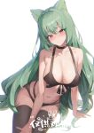  1girl bare_shoulders blush breasts cleavage green_hair henz highres large_breasts leaning_to_the_side long_hair navel original red_eyes smile solo stomach swimsuit thighhighs thighs very_long_hair 