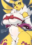 absurd_res anthro armwear artist_name bahnbahn bandai_namco big_breasts black_sclera breasts clothing digimon digimon_(species) eyewear female genitals glasses green_eyes half-length_portrait hi_res holding_breast huge_breasts motion_lines navel open_mouth portrait pregnant pussy renamon ribbons solo thick_thighs white_body yellow_body