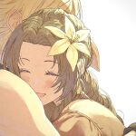  1boy 1girl aerith_gainsborough blonde_hair brown_hair chika_i closed_eyes cloud_strife final_fantasy final_fantasy_vii flower forehead hair_flower hair_ornament hair_ribbon highres hug long_hair mixed-language_commentary parted_bangs pink_ribbon ribbon short_hair simple_background smile white_background white_flower 