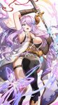  1girl absurdres asymmetrical_gloves bare_shoulders blue_eyes braid breasts bug butterfly cleavage draph granblue_fantasy hair_ornament hair_over_one_eye highres horns katana large_breasts long_hair looking_at_viewer narmaya_(granblue_fantasy) open_mouth pointy_ears purple_hair shenqi_xiao_hong_zai_nali single_thighhigh solo sword thigh_strap thighhighs thighs weapon 