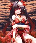  1girl bare_shoulders bell black_choker bow breasts brown_hair chest_tattoo choker collarbone criss-cross_halter day dress flower flower_tattoo fox_mask gradient_hair hair_bow halterneck head_tilt highres honkai:_star_rail honkai_(series) large_breasts long_hair looking_at_viewer mask mask_on_head multicolored_hair neck_bell o-ring obi outdoors pink_eyes red_bow red_dress red_hair sash short_dress sitting sleeveless sleeveless_dress solo sparkle_(honkai:_star_rail) spider_lily tattoo twintails very_long_hair wariza zekens_(dnvt2447) 