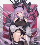  1girl :o aota_(tokidoki_cc) arknights asymmetrical_legwear bare_shoulders black_hairband black_shirt black_shorts black_socks black_thighhighs breasts commentary hair_between_eyes hairband head_tilt horns jacket long_hair long_sleeves looking_at_viewer medium_breasts off_shoulder open_clothes open_jacket parted_lips puffy_long_sleeves puffy_sleeves purple_eyes purple_hair shirt shorts signature single_sock single_thighhigh sitting sleeveless sleeveless_shirt sleeves_past_wrists socks solo thighhighs typhon_(arknights) very_long_hair white_jacket 