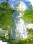  1girl absurdres artist_name blue_sky capelet chinese_commentary commentary_request dated day dress facing_away faux_traditional_media frilled_dress frilled_umbrella frills from_behind full_body grass highres holding holding_umbrella lace-trimmed_dress lace_trim long_dress oil_painting_(medium) original outdoors painting_(medium) parasol sky solo traditional_media tree umbrella vihua6 watermark weibo_logo weibo_username white_capelet white_dress white_umbrella 