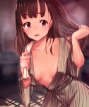  1girl absurdres bangs breasts brown_eyes brown_hair brown_kimono cleavage collarbone eyebrows_visible_through_hair highres holding holding_hair huge_filesize japanese_clothes kimono leaning_forward long_hair looking_at_viewer nakanishi_tatsuya open_clothes open_kimono open_mouth original shiny shiny_skin small_breasts solo standing steam striped vertical-striped_kimono vertical_stripes wet wet_hair 