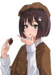  1girl brown_coat brown_eyes brown_hair chocolate coat eating food food_on_face hair_ornament hat highres kono_bijutsubu_niwa_mondai_ga_aru! long_sleeves medium_hair open_mouth rabbit_hair_ornament simple_background solo ulette upper_body usami_mizuki white_background 