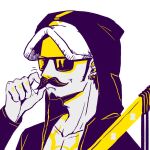  1boy blueeblin close-up commentary earrings facial_hair fake_facial_hair fake_mustache goatee hat hood hooded_coat jewelry male_focus one_piece sideburns simple_background solo sunglasses sword trafalgar_law weapon white_background 