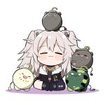  1girl :3 animal_ears bare_shoulders black_footwear black_jacket black_shirt blush_stickers boots breasts chibi closed_eyes closed_mouth dot_nose earclip fur-trimmed_jacket fur_trim grey_hair hololive jacket lion_ears lion_girl long_hair nabe_(nabe_otome) navel open_clothes open_jacket shirt shishiro_botan shishiro_botan_(1st_costume) sitting sleeveless sleeveless_shirt ssrb_(shishiro_botan) torn_clothes very_long_hair virtual_youtuber 