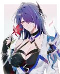  1girl acheron_(honkai:_star_rail) black_choker black_gloves breasts chain choker cleavage coat commentary_request flower gloves head_tilt highres holding holding_flower honkai:_star_rail honkai_(series) large_breasts long_hair oi_(kya_251) purple_eyes purple_hair red_flower single_bare_shoulder smile solo upper_body white_coat 