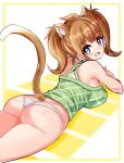  1girl animal_ears ass blue_eyes border breasts brown_hair camisole cat_ears cat_girl cat_tail commentary cougar_(cougar1404) crotch_seam green_camisole looking_at_viewer looking_back lying medium_breasts medium_hair megu_(cougar1404) on_stomach open_mouth original panties print_camisole smile solo tail thong twintails underwear underwear_only white_panties yellow_border 