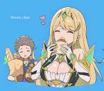  1boy 1girl :d :o bag baguette bare_shoulders blonde_hair blue_background blue_jacket blue_shirt bread breasts brown_gloves cleavage closed_eyes commentary_request cropped_torso croquette dress eating elbow_gloves food gloves headpiece heart highres holding holding_bag holding_food jacket large_breasts long_hair mythra_(xenoblade) open_clothes open_jacket paper_bag rex_(xenoblade) shirt simple_background sleeveless sleeveless_jacket smile twitter_username upper_body uwo_chan very_long_hair white_dress white_gloves xenoblade_chronicles_(series) xenoblade_chronicles_2 