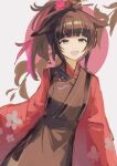  1girl :d animal_ears arknights black_kimono brown_hair commentary_request green_eyes grey_background hair_ornament hemorina highres japanese_clothes jessica_(arknights) kimono long_hair looking_at_viewer one-hour_drawing_challenge open_clothes pink_background ponytail smile solo two-tone_background 