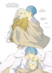  1boy 1girl blue_hair chamwa closed_eyes closed_mouth commentary couple cuddling earrings elf english_commentary english_text frieren green_eyes hand_on_another&#039;s_head hetero highres himmel_(sousou_no_frieren) jewelry long_hair long_sleeves pillow pointy_ears shared_blanket shirt short_hair simple_background sleeping smile sousou_no_frieren under_covers white_background white_hair white_shirt 