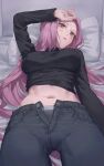  1girl black_pants black_sweater blush breasts denim fate/grand_order fate/stay_night fate_(series) fingernails glasses hashtag_only_commentary highres jeans long_sleeves looking_at_viewer lying medium_breasts medusa_(fate) medusa_(rider)_(fate) midriff official_alternate_costume on_bed panties pants pillow pink_eyes pink_hair round_eyewear solo sweater tesin_(7aehyun) turtleneck turtleneck_sweater underwear unzipped 
